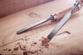 Wood chisel cutting out groove in old pine plank for the door lock