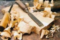 Wood chisels with shavings on the workbench
