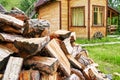 Wood chop stove. Woodpile texture background. Trees store. Hardwood pile stack