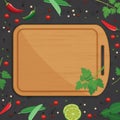 wood chopping board witn herbs and spices background