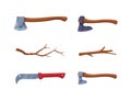 Wood Chopping Equipment with Axe, Knife and Branch Vector Set