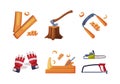 Wood Chopping Equipment with Axe, Saw, Glove and Panel Vector Set
