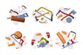 Wood Chopping Equipment with Axe, Saw, Glove and Panel Vector Set