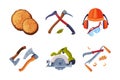 Wood Chopping Equipment with Axe, Saw, Lumber Ring and Helmet Vector Set