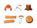 Wood Chopping Equipment with Helmet, Hook, Stump and Lumber Material Vector Set