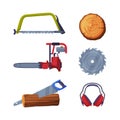 Wood Chopping Equipment with Saw, Earmuffs and Wood Material Vector Set