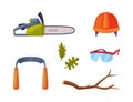 Wood Chopping Equipment with Saw, Helmet and Goggles Vector Set