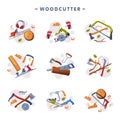 Wood Chopping Implement with Saw and Wood Chopper or Ax Vector Composition Set
