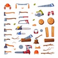 Wood Chopping Instruments and Equipment with Saw and Ax Vector Set