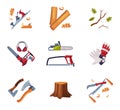 Wood Chopping Instruments and Equipment with Saw and Ax Vector Set
