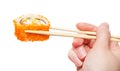 Wood chopsticks holds california ebi roll isolated Royalty Free Stock Photo