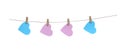 Wood clothes pins with four blank pink and blue paper in heart shaped hanging on brown rope isolated on white background,clipping Royalty Free Stock Photo