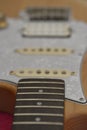Wood color electric guitar with pearl white pickguard