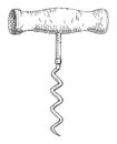 Wood corkscrew. Vintage hatching gray monochrome illustration.