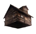 Wood cottage. two story wood house. abandoned. windows on all sides. attic window. Royalty Free Stock Photo