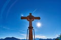 Wood cross from the top of the mountain Predigtstuhl. Beautiful landscape. Salzkammergut region, Bad Goisern, Austria Royalty Free Stock Photo
