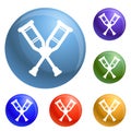 Wood crutches icons set vector