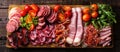 Wood Cutting Board With Meats and Vegetables Royalty Free Stock Photo