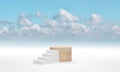 Wood cylinder podium against white ladder above the blue sky cloud Royalty Free Stock Photo