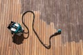 Orbital power sander and dust collector on ipe decking Royalty Free Stock Photo