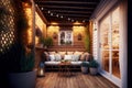 wood-decorated terrace with illumination in cozy house exterior Royalty Free Stock Photo