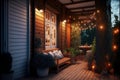 wood-decorated terrace with illumination in cozy house exterior Royalty Free Stock Photo