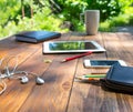 Wood desk and electronic gadgets Royalty Free Stock Photo