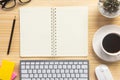 wood desk office with laptop, smartphone and other work supplies with cup of coffee. Top view with copy space for input the text. Royalty Free Stock Photo