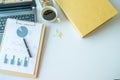 Wood desk with office supplies and red cup of coffee, top view Royalty Free Stock Photo