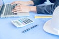 Wood desk with office supplies and red cup of coffee, top view Royalty Free Stock Photo