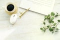 Wood desk table with laptop computer, coffee cup and mouse. Top view, flat lay Royalty Free Stock Photo