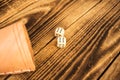 Wood dice on wooden background on six Royalty Free Stock Photo