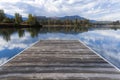 Wood dock by calm river.