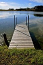 Wood dock leads to the lake water