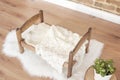 Wood Doll Bed With Crochet Bed Sheet, Succulent Plant Pot. Brick Wall Background Royalty Free Stock Photo