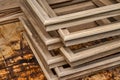 Wood door manufacturing process. Wooden moldings for entrance door. Furniture manufacture