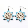 Wood Earrings With Blue Flower Pattern - Symmetrical Design, Multilayered Dimensions Royalty Free Stock Photo