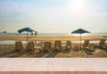 Wood Empty material wooden, deck, table with blurred sea beach b