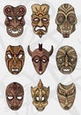 Wood ethnic or ceremonial theater masks vector icons