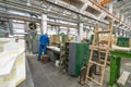 Wood factory workshop, production wooden molds and steel machinery equipment, industrial interior