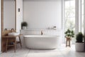 bathtub nobody architecture luxury white bathroom interior home wood modern house. Generative AI. Royalty Free Stock Photo