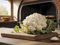 Wood-Fired Goodness. Freshly Baked Cauliflower on a Rustic Table with Oven Backdrop Royalty Free Stock Photo