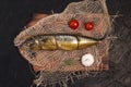 Wood-fired mackerel on a dark background. Top view. Grilled mackerel