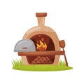 Wood-fired outdoor oven on green lawn. Farm stone furnace with burning firewood, wooden paddle. Cartoon vector design