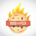 Wood fired pizza icon sign. Ribbon sign, graphic design.