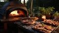 Wood Fired Pizza Oven with fresh pizzas resting surrounded by fresh herbs