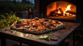 Wood Fired Pizza Oven with fresh pizzas resting surrounded by fresh herbs