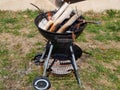 Wood firewood burning in a barbecue in nature