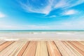 Wood floor on beach and blue sky background Royalty Free Stock Photo