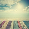 Wood floor on beach sea and blue sky for background Royalty Free Stock Photo